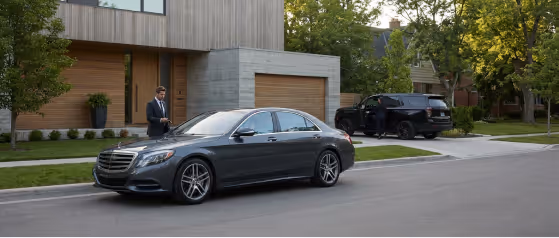 Man standing beside a black luxury sedan parked on a residential street in front of a modern house with a garage.
