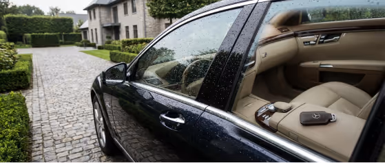 Black luxury car parked on cobblestone driveway with beige leather interior and Mercedes key on the passenger seat.