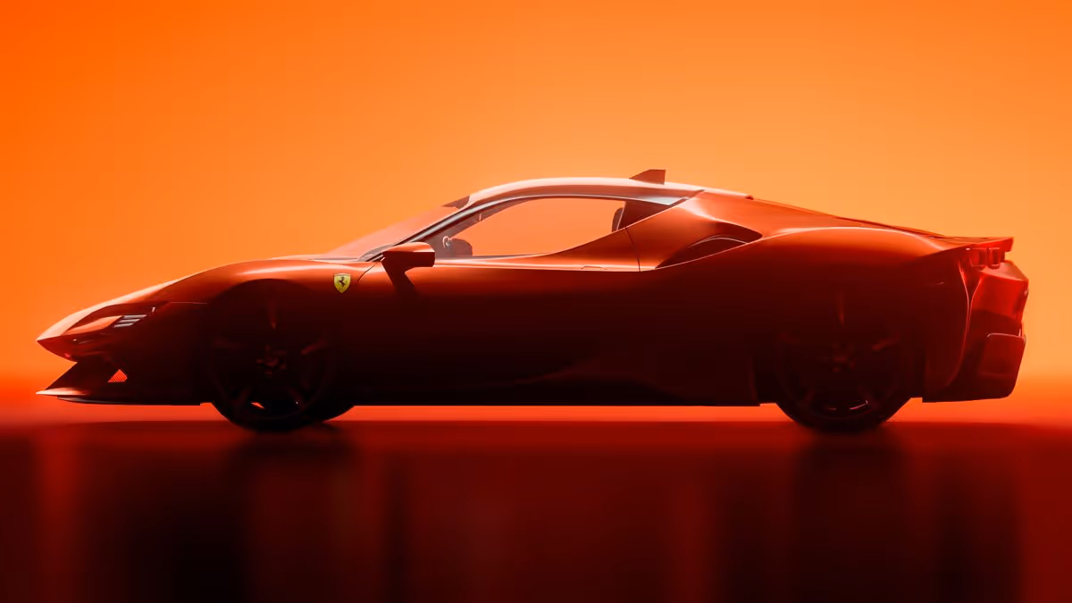 Red Ferrari sports car side profile against an orange background.