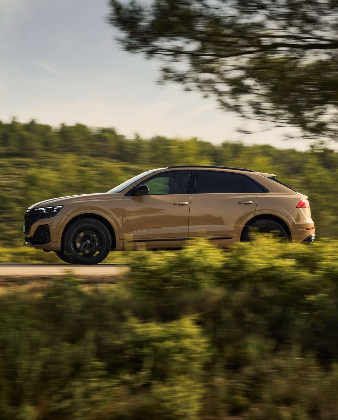 Tan SUV driving on a road with green trees and bushes in the background.