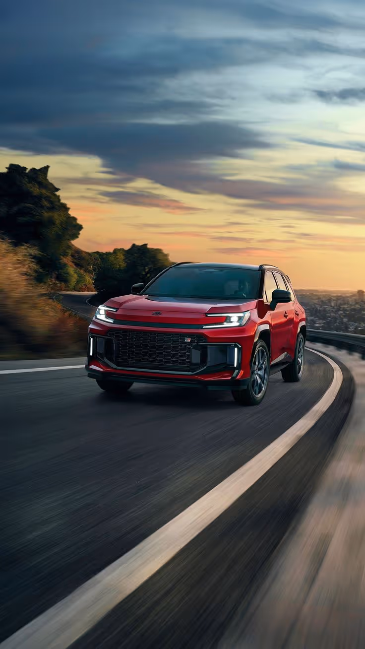 Red SUV driving on a winding road at sunset with a dramatic sky and cityscape in the background.